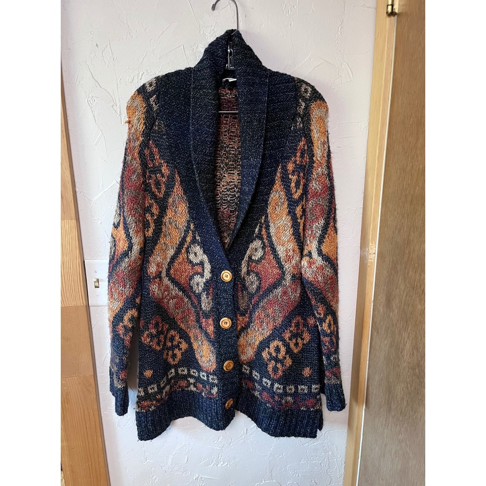 J. Jill Womens‎ Large Southwestern Wool Blend Shawl Collar Cardigan Sweater Navy